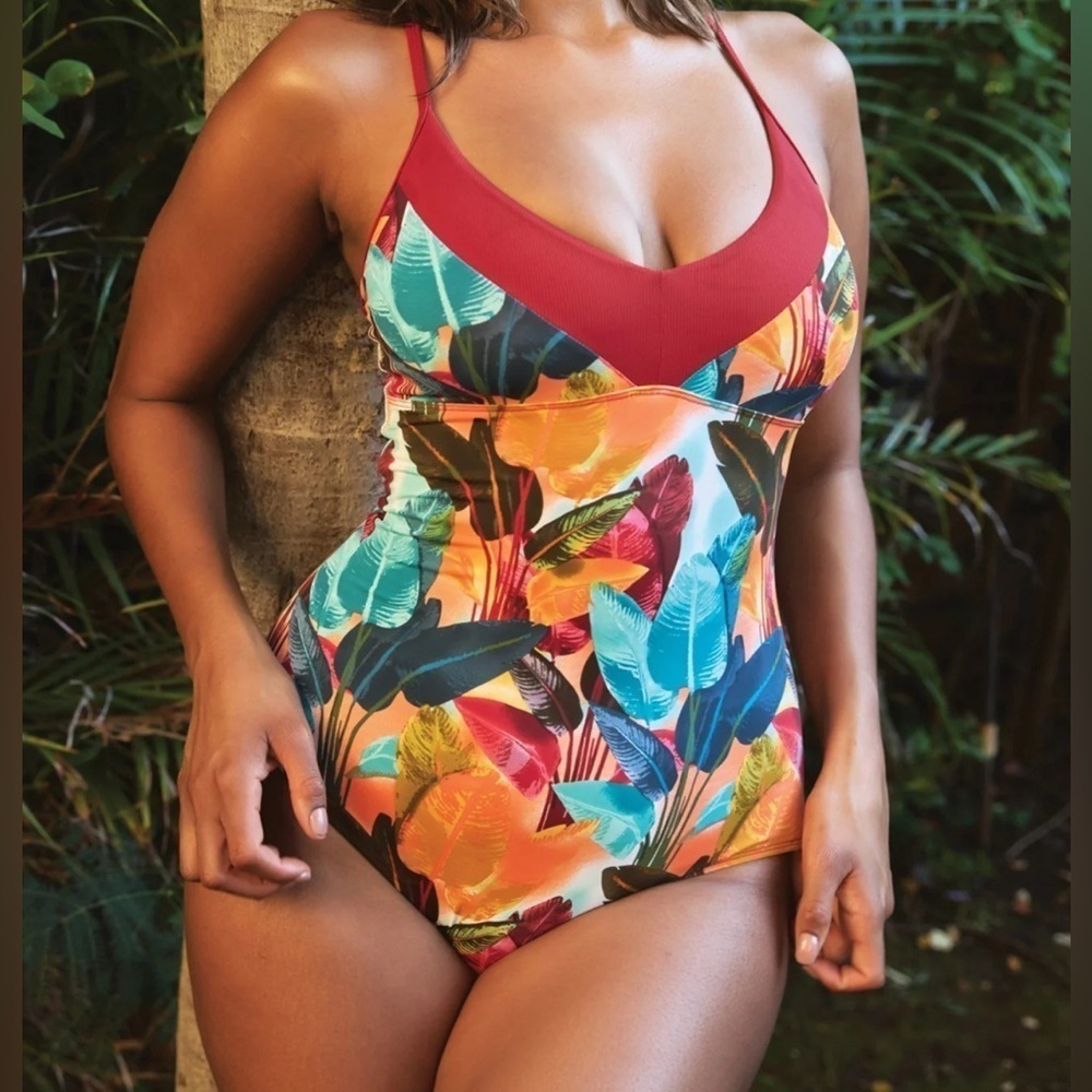 Skye Women’s Charlie V-Neck One Piece Swimsuit XL NWT Sans Blast Tropical Print